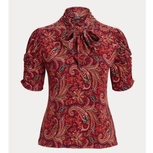RALPH LAUREN | Black Label Orange Paisley Puff-Elbow Sleeve Tie-Neck Top | 2X